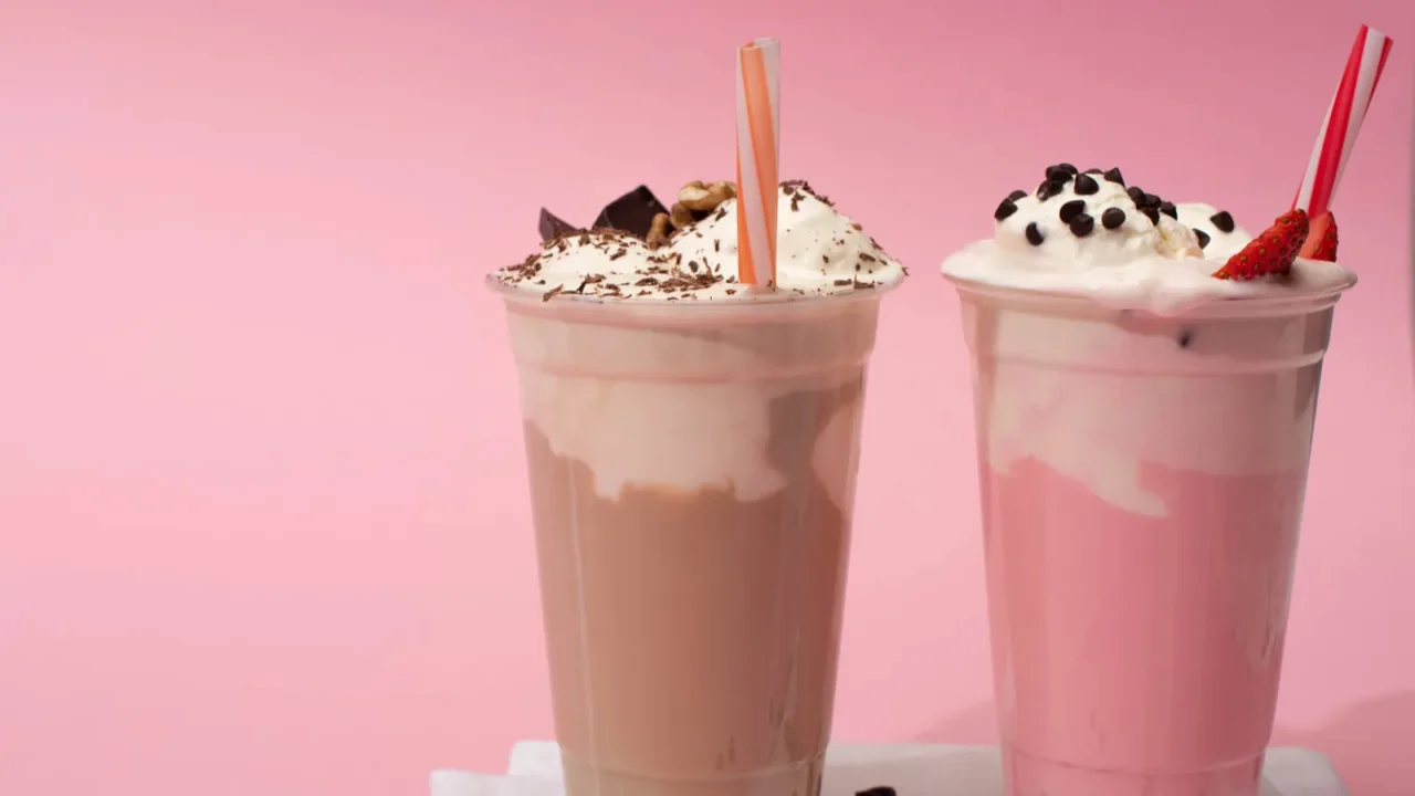 disposable cups of chocolate and strawberry milkshakes with drinking straws