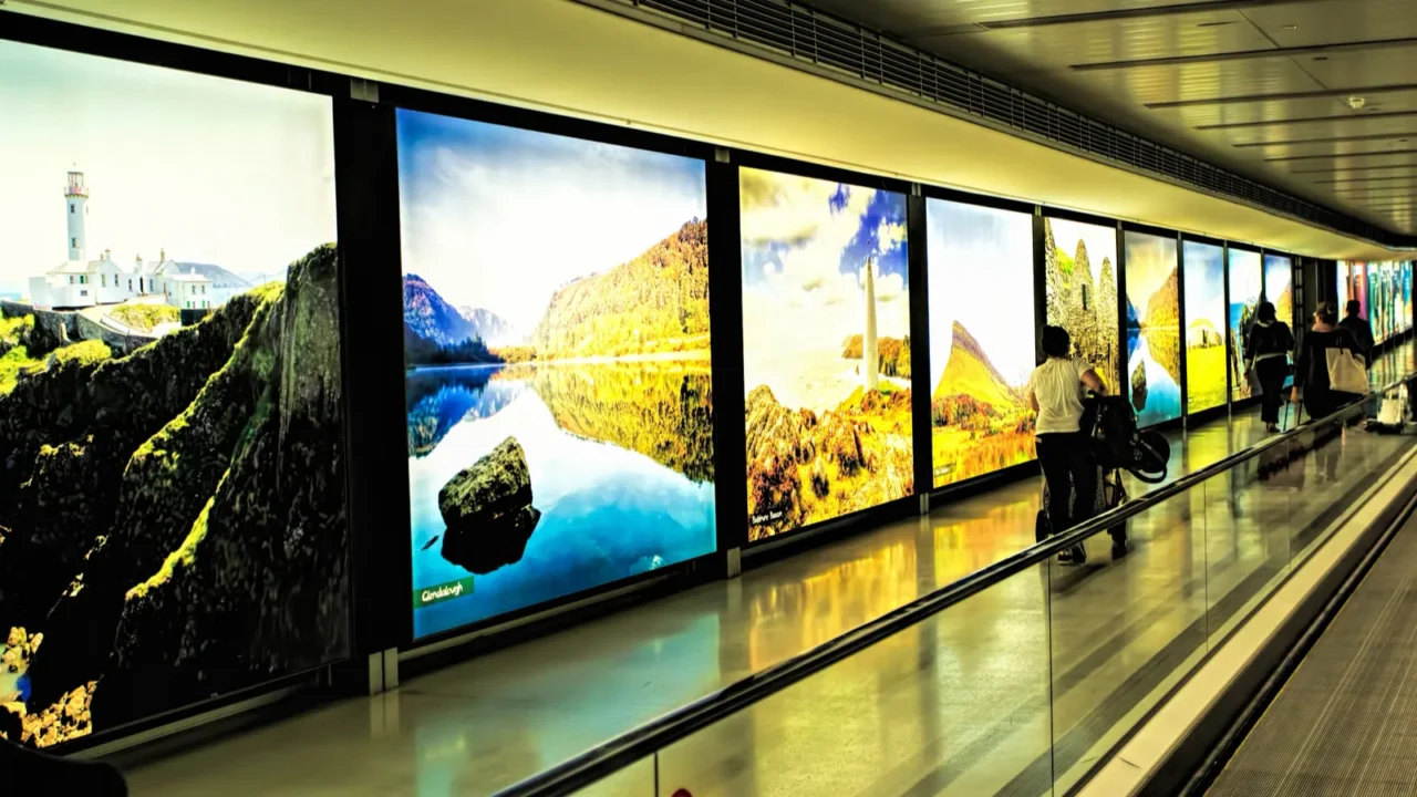 dublin airport people passengers travelling with suitcases on walkway escalator