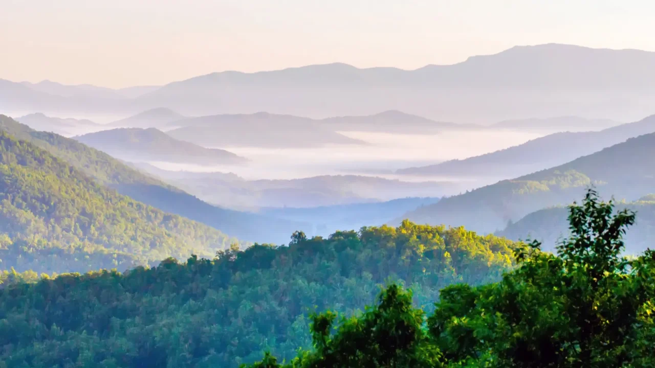 early morning sunrise over blue ridge mountains