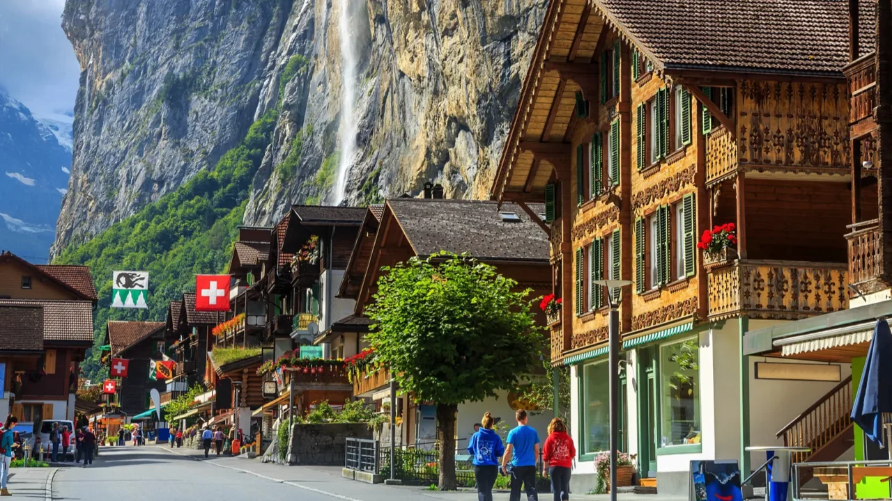 famous lauterbrunnen town and staubbach waterfallbernese oberlandswitzerlandeurope