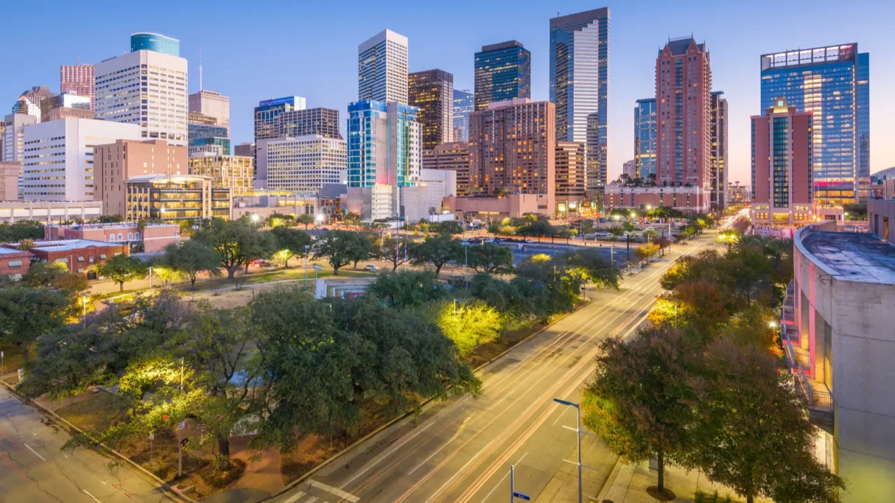 houston texas usa downtown park and skyline at twilight