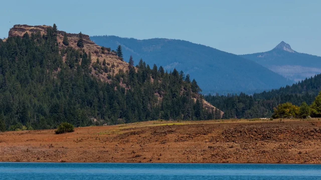 looking across the surface of lost creek lake to stewart