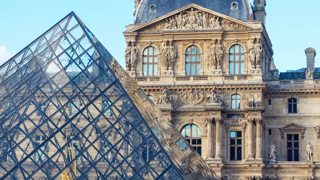 louvre museum in orange and teal close up shot to