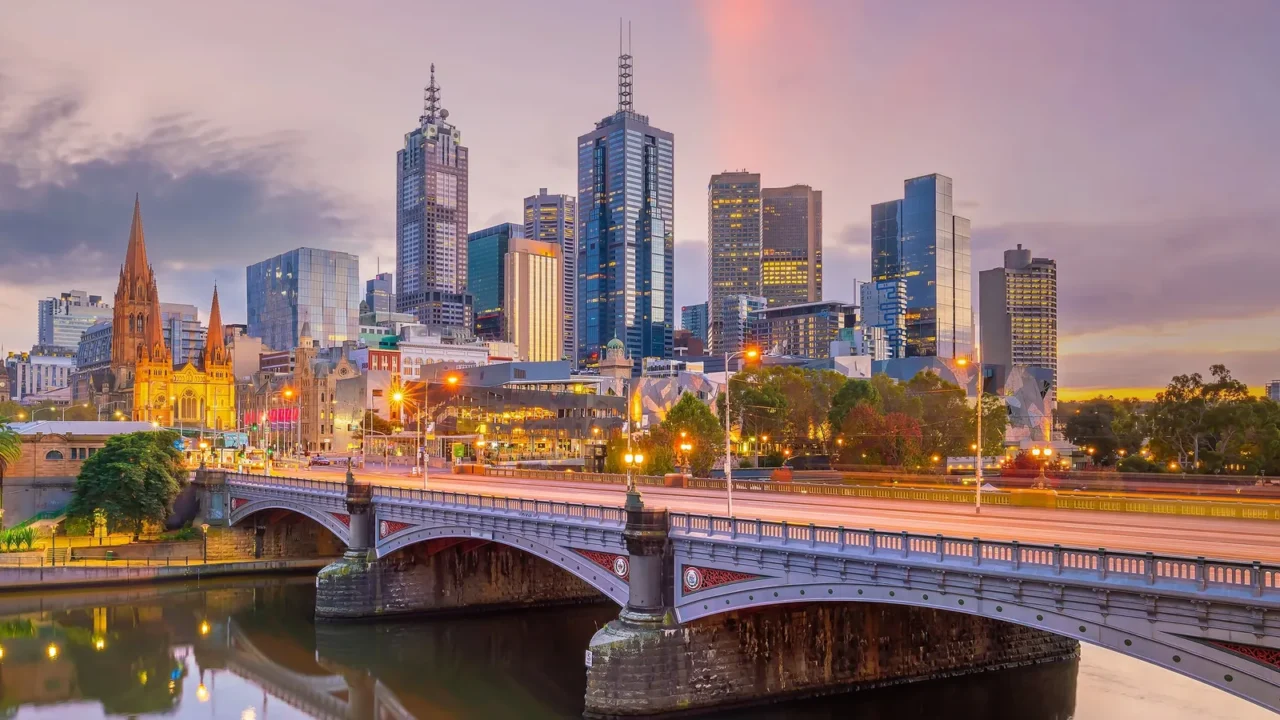 melbourne city skyline at twilight in australia