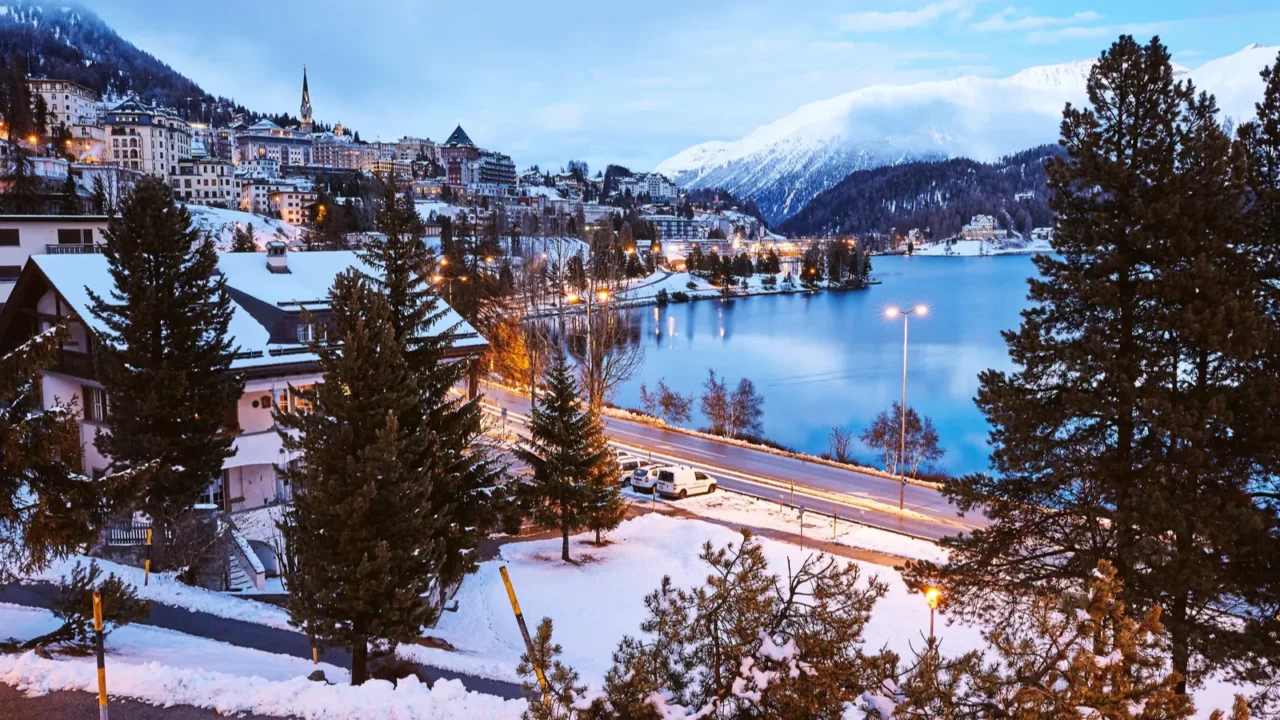 saint moritz town in winter season at sunset switzerland beauties