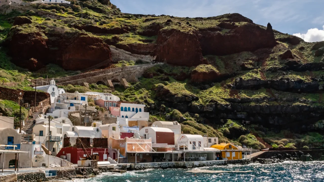 santorini greece  april 10 2020 white houses on hill