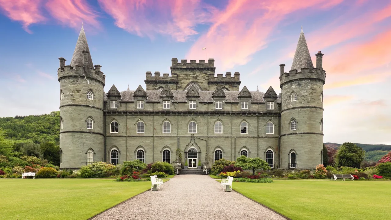 Inveraray castle with flower garden, Scotland, UK.