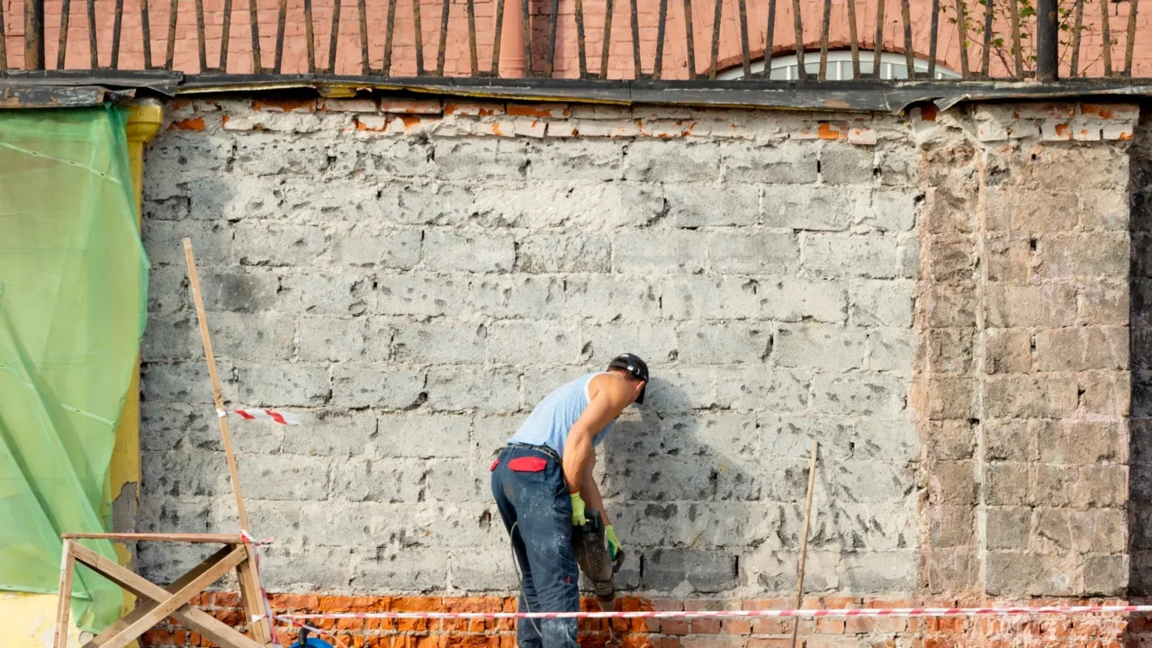 st petersburg russiaaugust 16 2018 worker repairs brick fence around