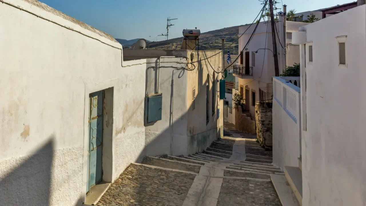 steep street in old town of ermopoli syros greece