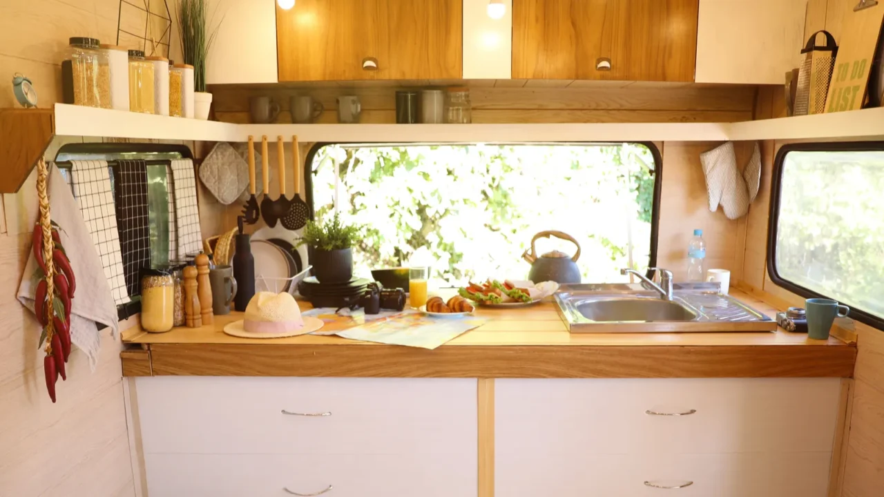 stylish kitchen interior with different jars and utensils in modern