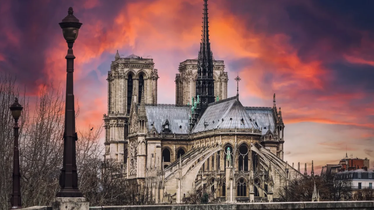 sunset over the notredame cathedral in paris  fance