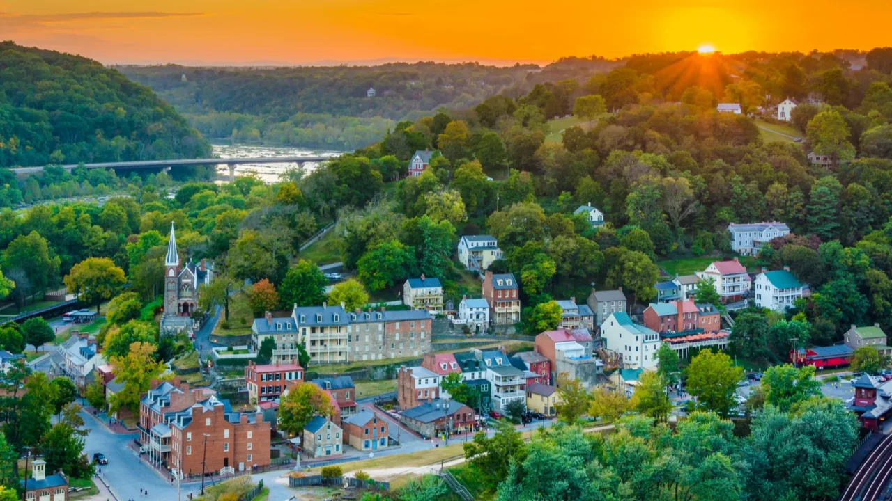 sunset view of harpers ferry west virginia from maryland heights