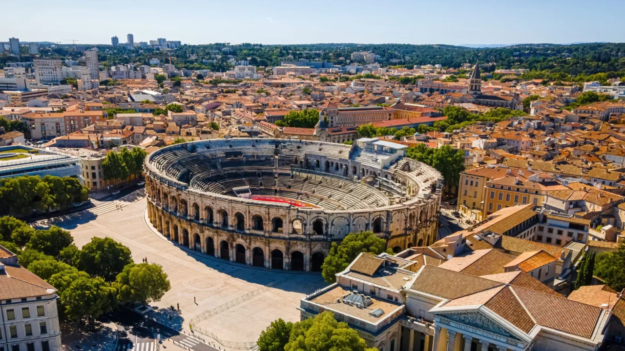 the aerial view of arena of nimes an old roman