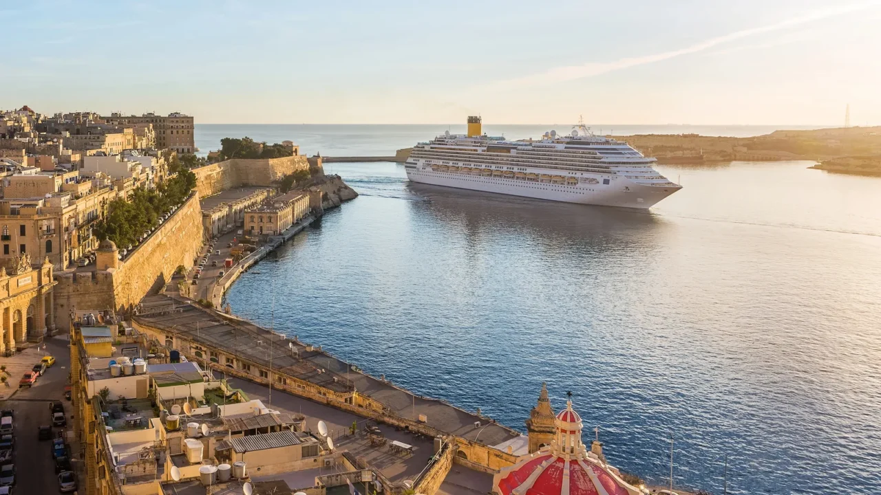 the ancient walls of valletta and malta harbor with cruise