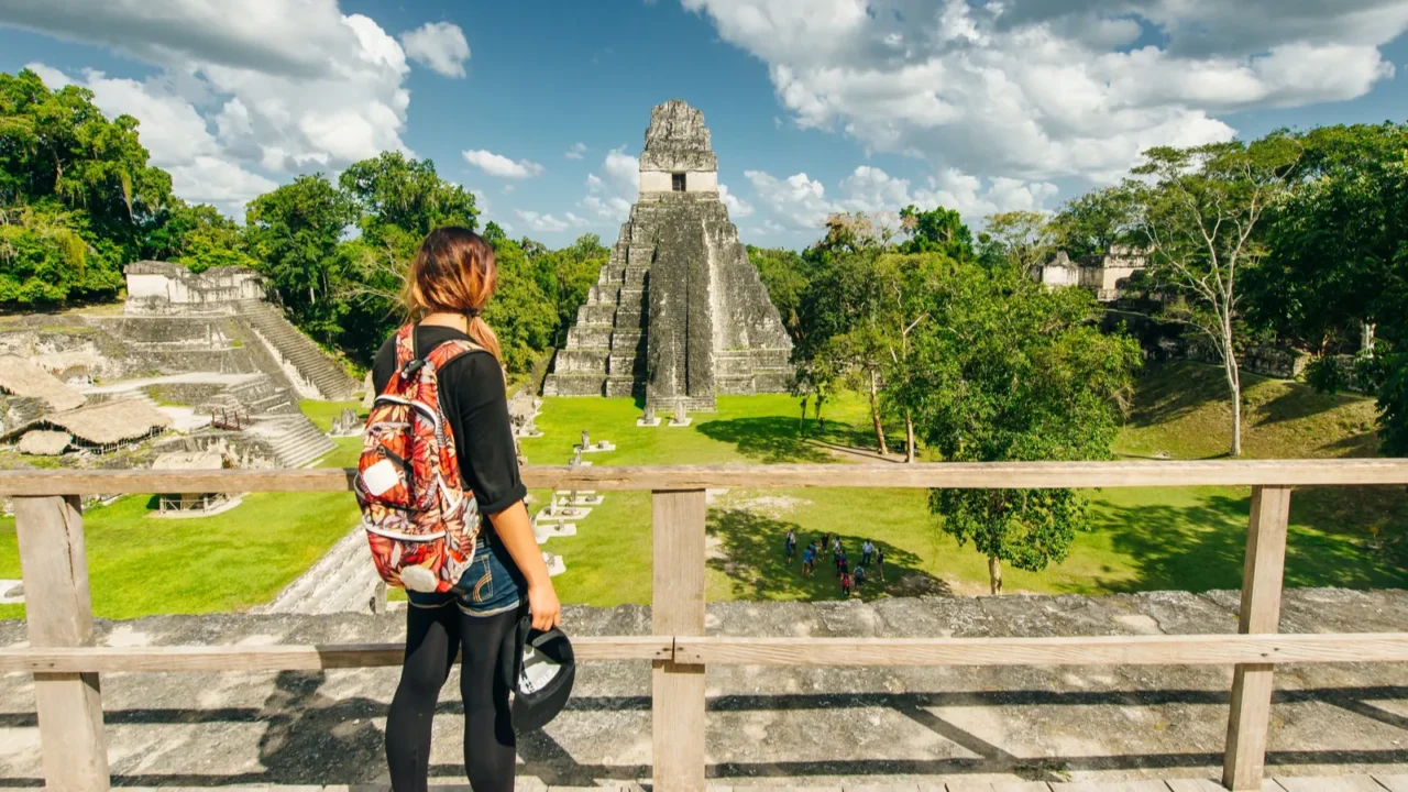 tikal guatemala august tourist is looking at located in el