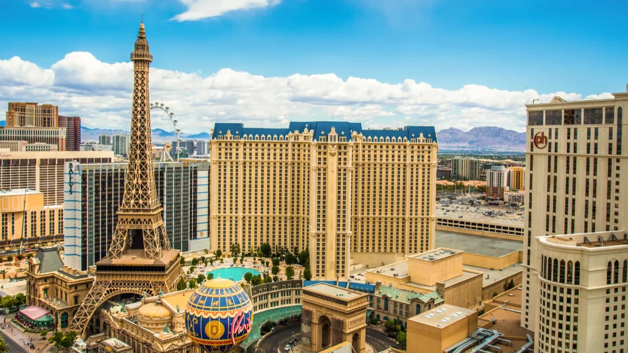 Las Vegas Strip in Nevada on a sunny day.