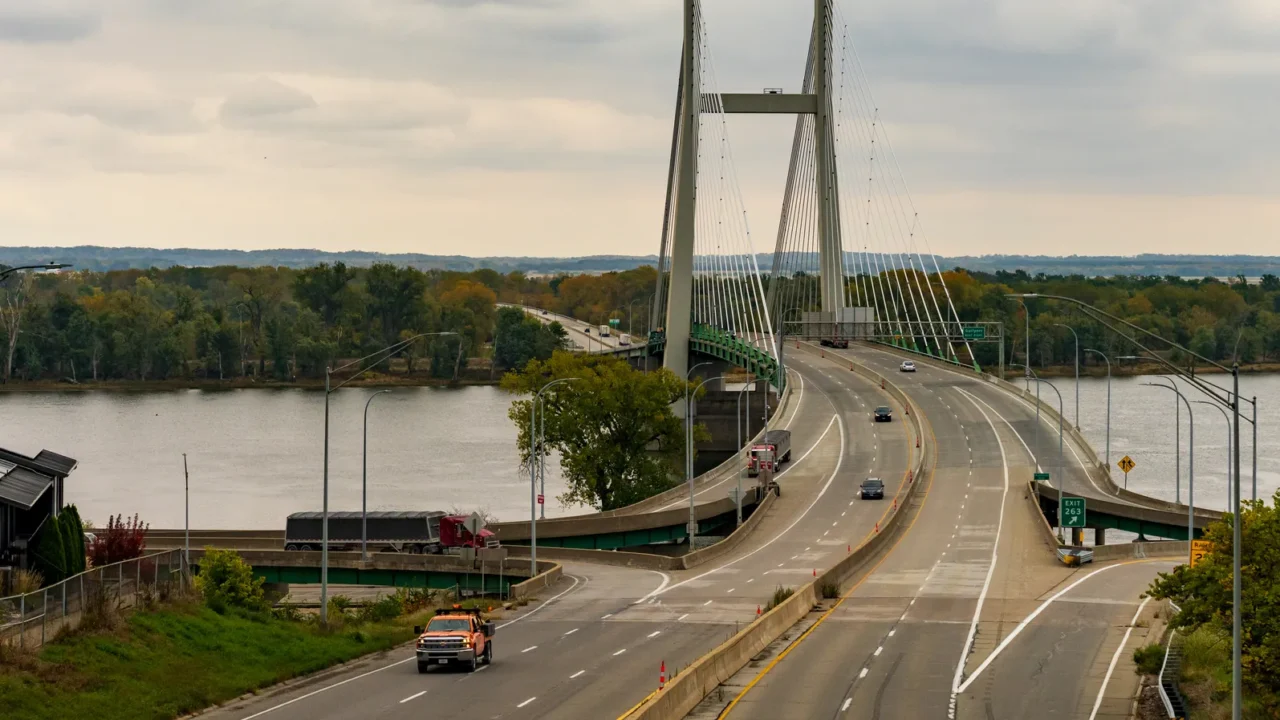 view down the road over the great river bridge across
