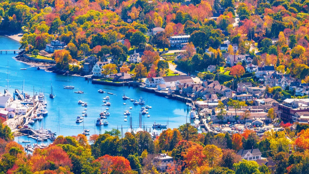 view from mount battie overlooking camden harbor in maine