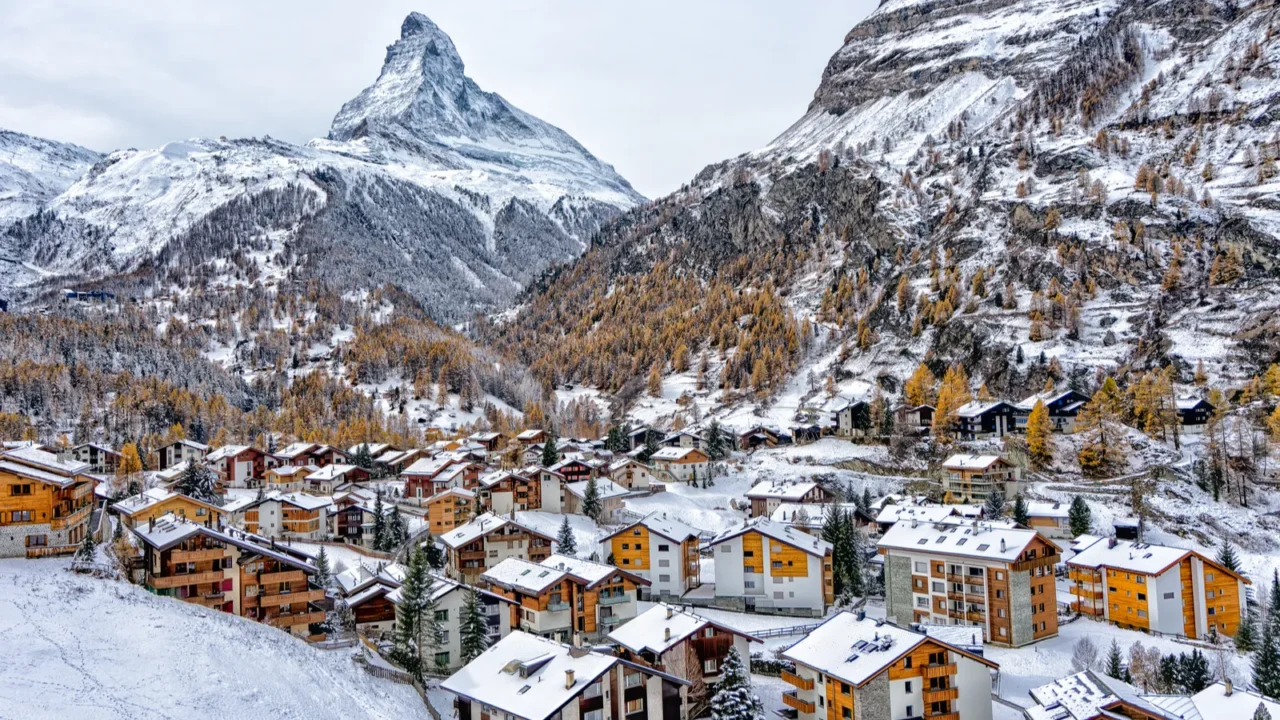 view of matterhorn mountain with typical swiss village zermatt in