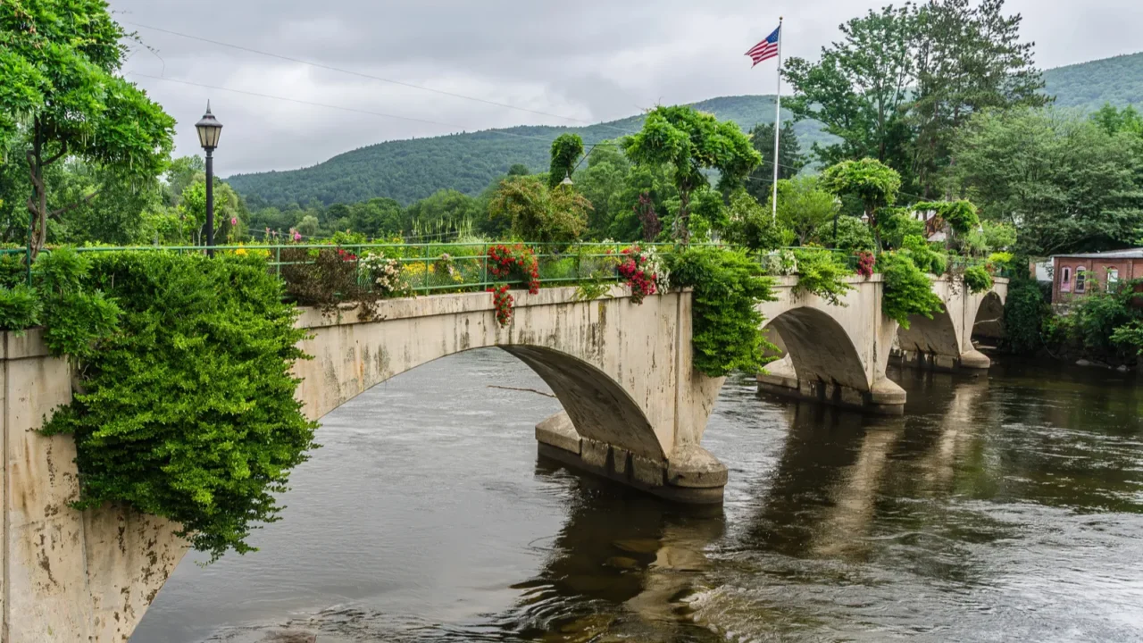 view of the bridge of flowers at deerfield river shelburne