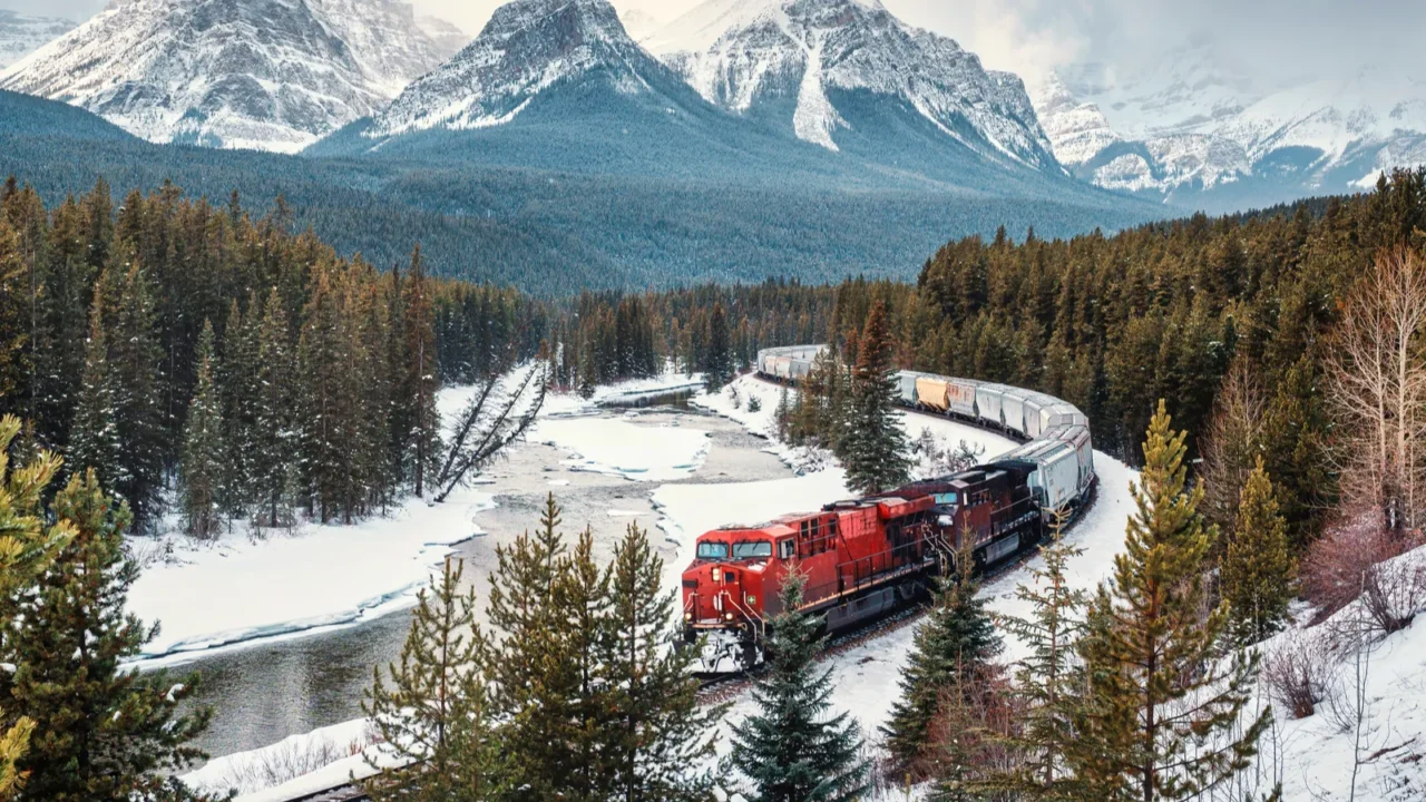 viewpoint of morants curve with iconic red cargo train passing