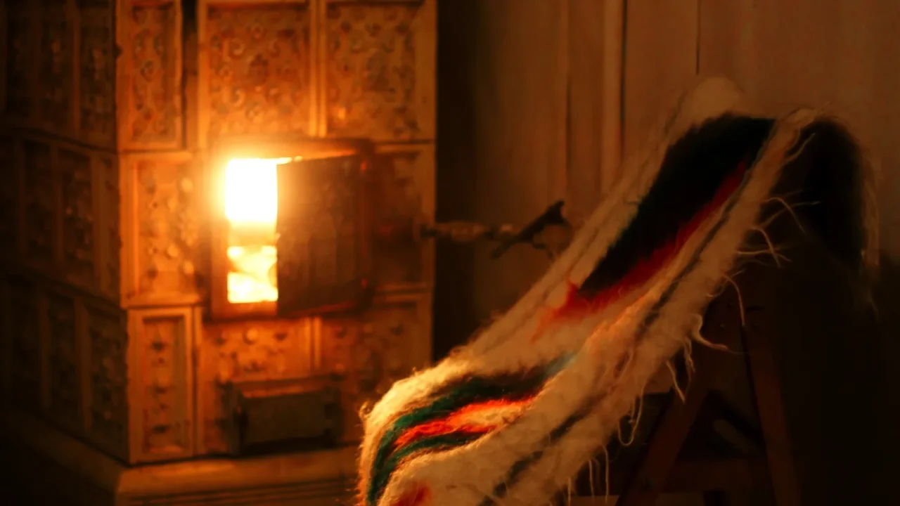 warm fireplace and wooden chair