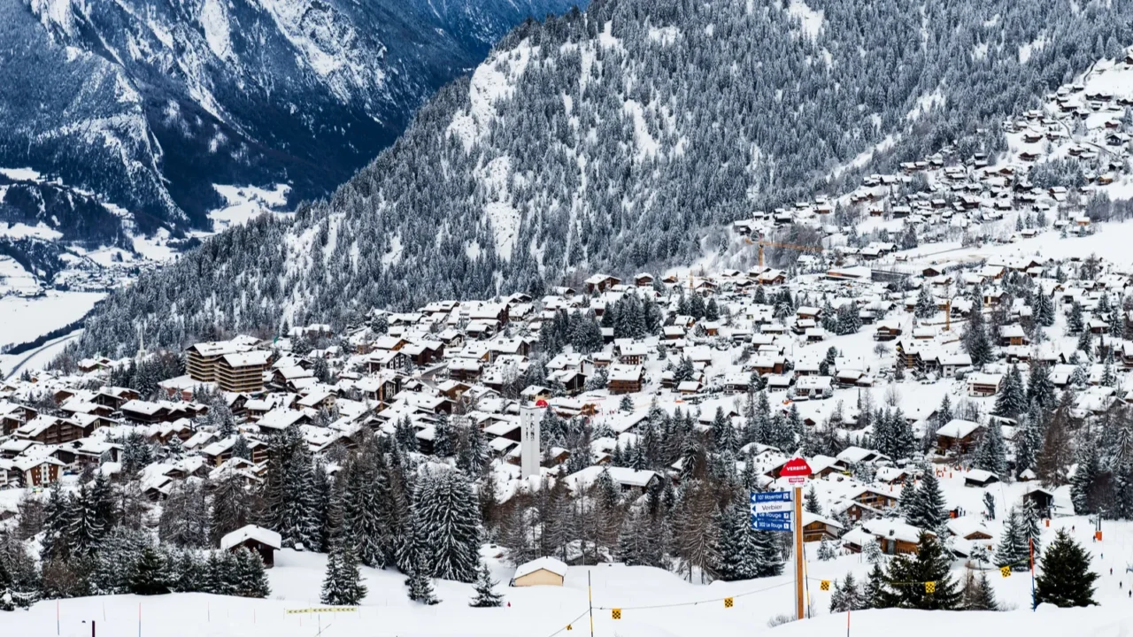 winter view on the valley in swiss alps verbier switzerland