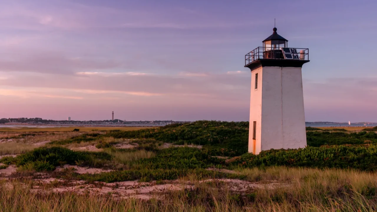wood end lighthouse during sunset in provincetown massachusetts usa