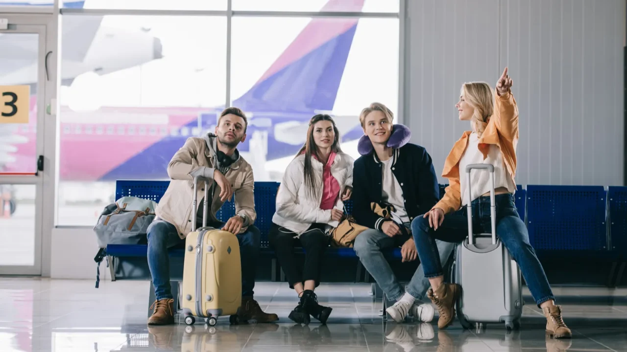 young people talking while waiting in airport terminal