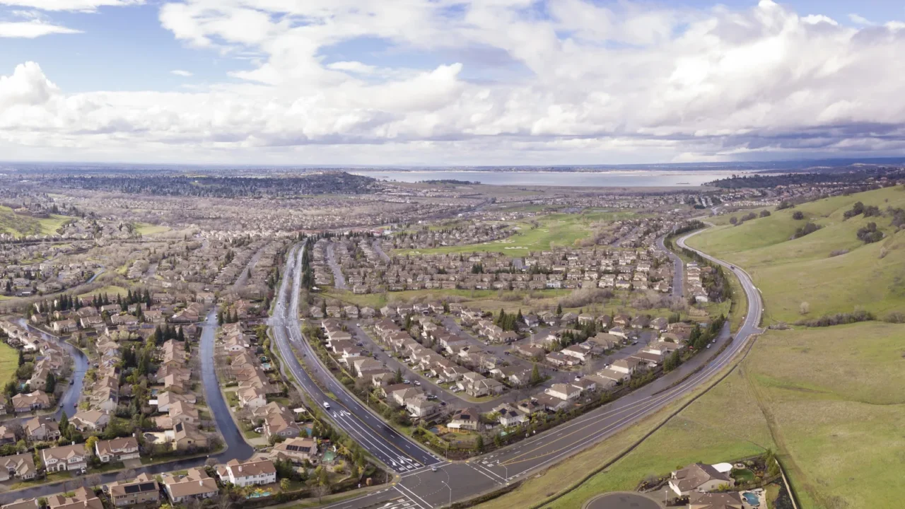180 degree aerial panorama of folsom california and folsom lake