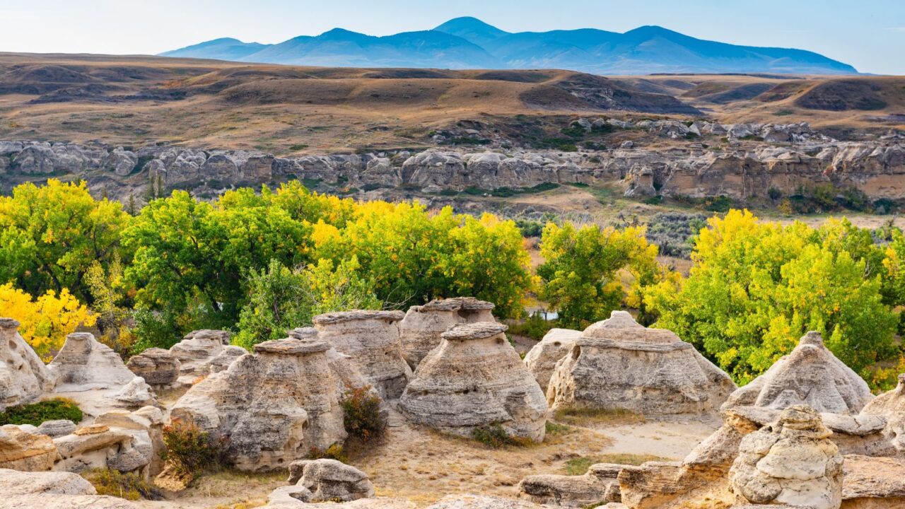 Scenic views of Writing on Stone Provincial Park in the Badlands of Alberta Canada.