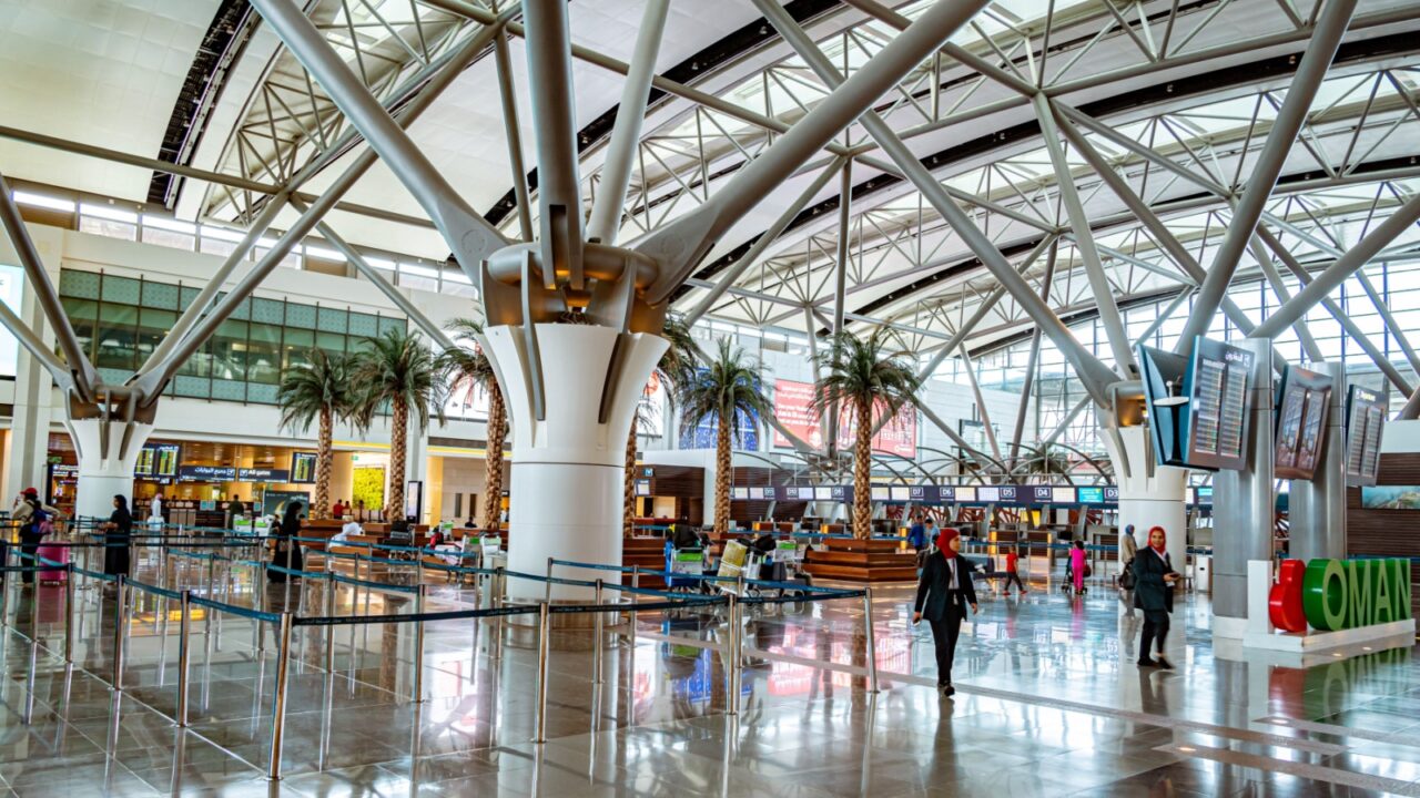 MUSCAT, OMAN - MAR 21, 2024: Interior of Muscat International Airport, Oman