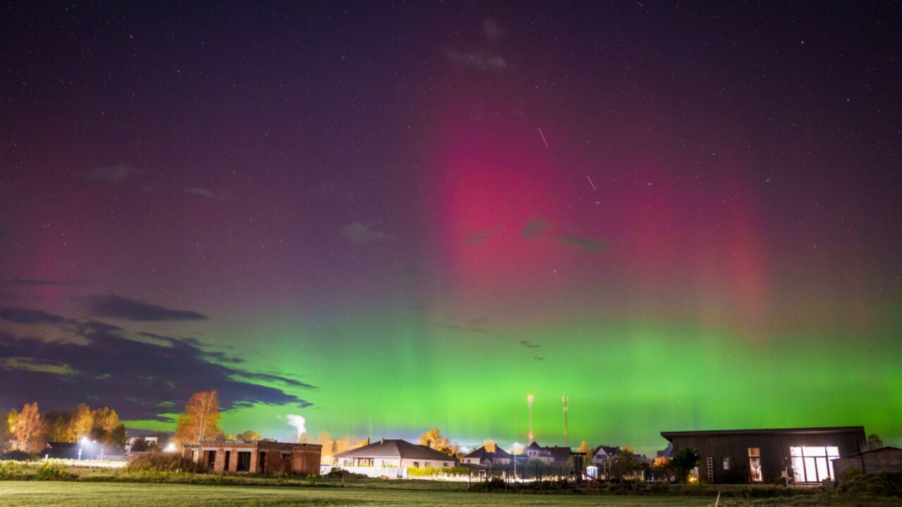CARNIKAVA, LATVIA. 18th October 2025. Northern lights, aurora borealis seen in the sky.