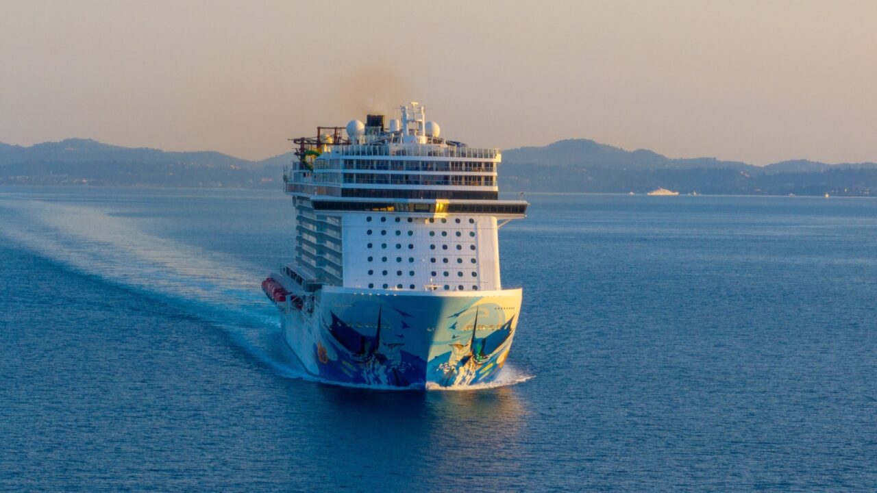 Corfu, Greece - June 28, 2024:Norwegian cruise line cruise ship Norwegian Escape, international waters, during the route between Albania and corfu island,Greece