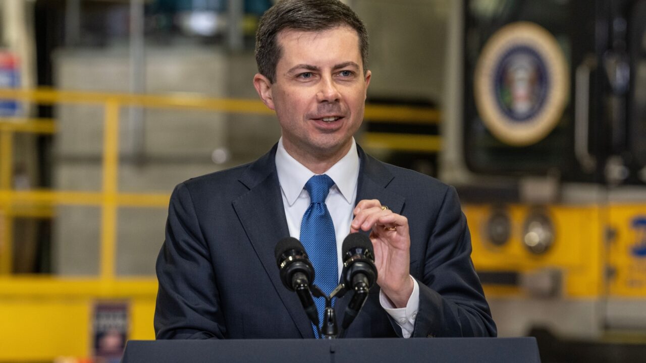 U.S. Secretary of Transportation Pete Buttigieg speaks during President Joe Biden Jr. remarks to highlight funding for the Hudson River Tunnel project at West Side Yard gate in New York on Jan 31 2023
