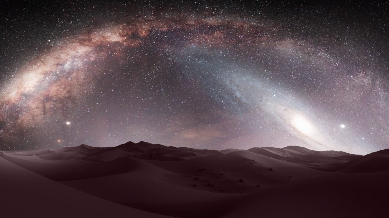 Amazing Milky Way and Andromeda galaxy over the sand dunes of Sahara Desert - Sahara, Morocco