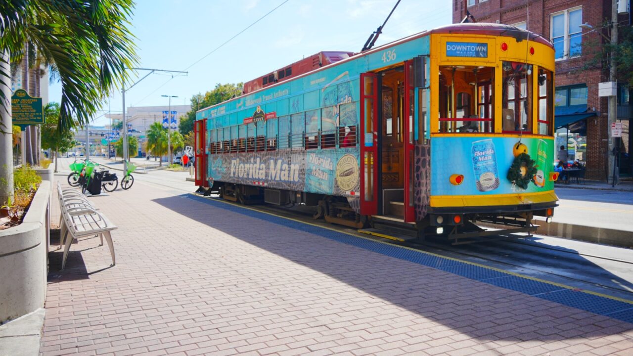 Tampa, Florida USA - Dec 08, 2024: Tampa downtown Street car landscape