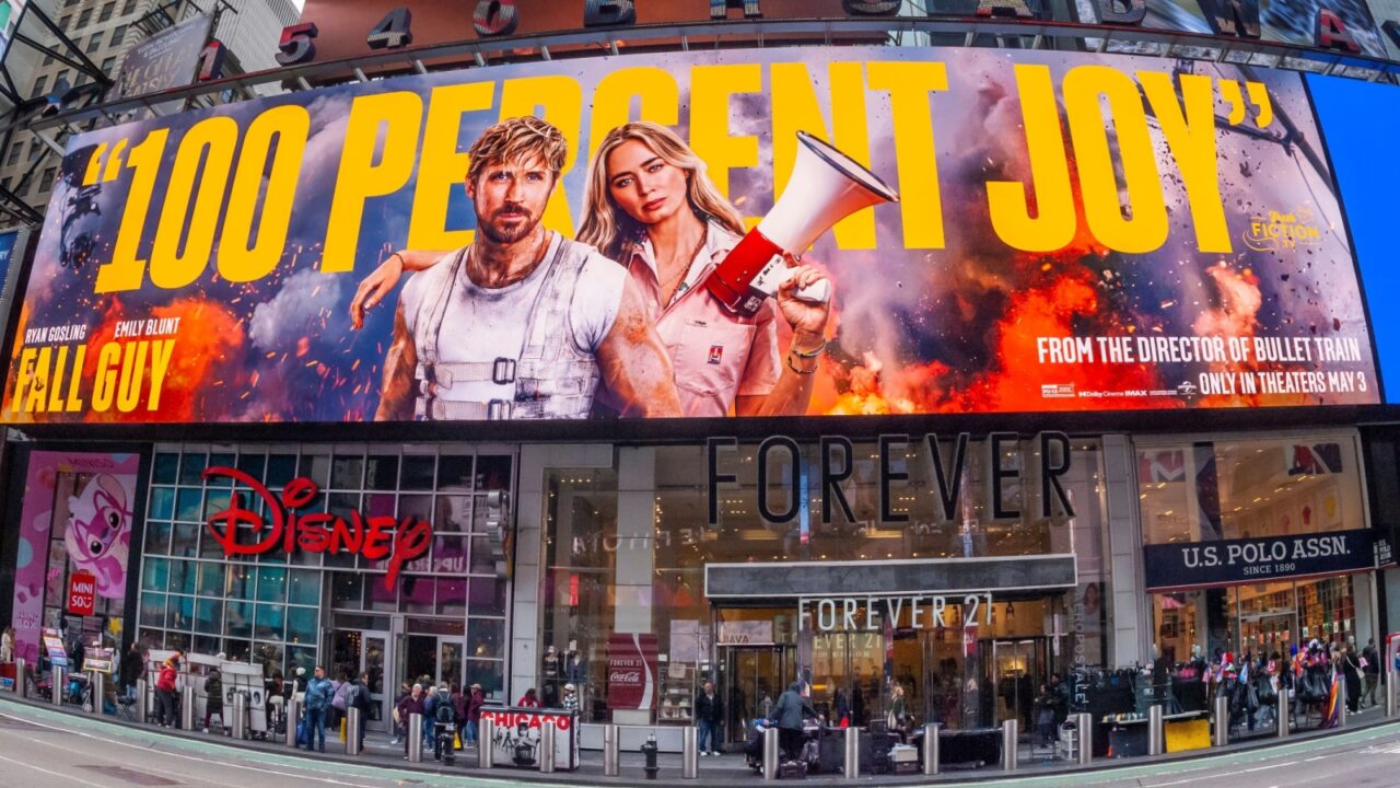 New York NY USA-April 21, 2024 Advertising for the Universal Pictures Fall Guy film in Times Square in New York