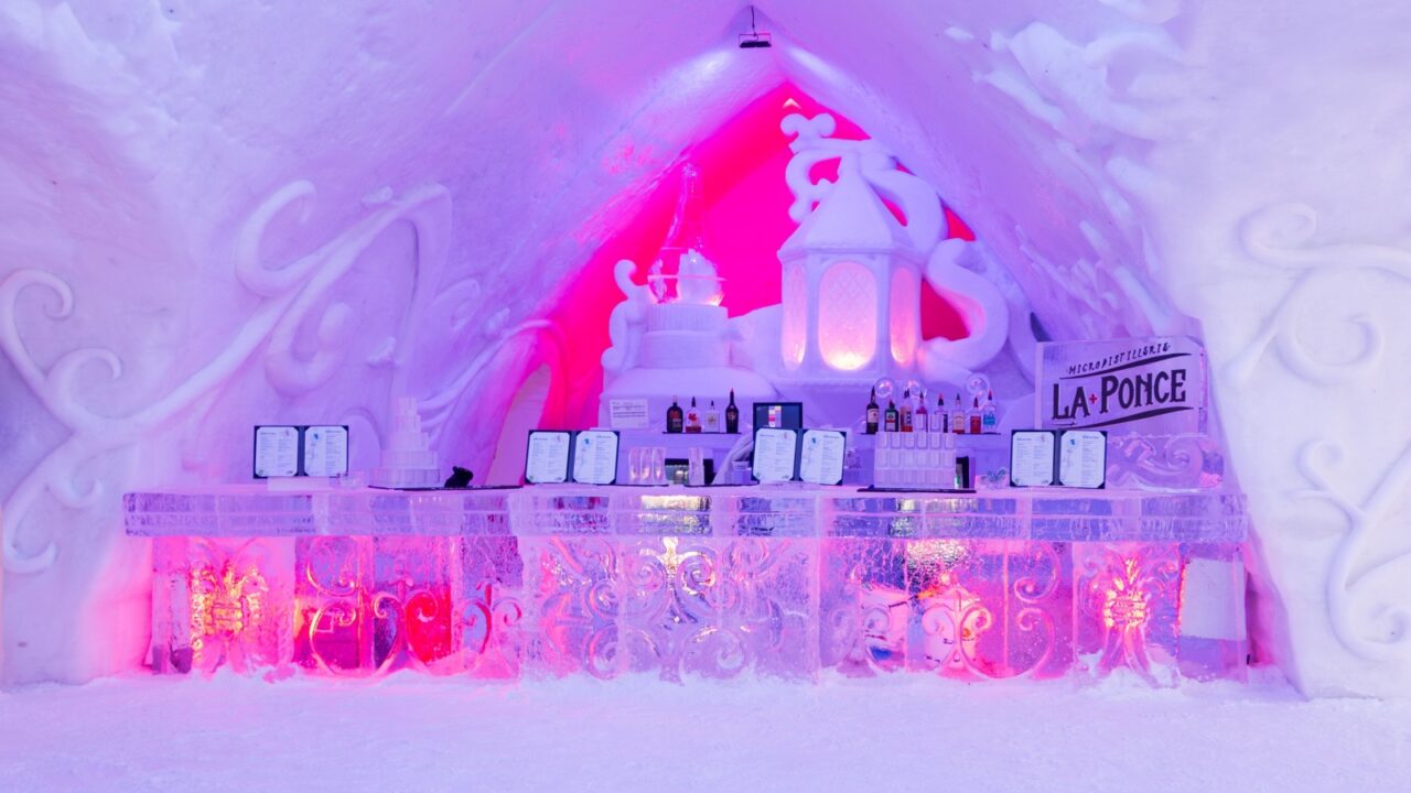 Saint-Gabriel-de-Valcartier, Quebec, Canada, February 20, 2025- The micro-distillery La Ponce bar in the world-famous seasonal Ice Hotel