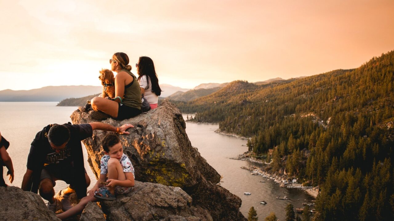 South Lake Tahoe, California, USA - July 23, 2022: Sunset View of Lake Tahoe from Atop Cave Rock