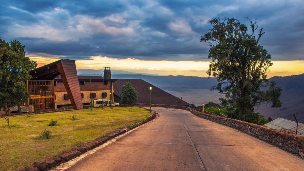 Ngorongoro, Tanzania - October 21, 2014 : Entrance to the luxury Ngorongoro Wildlife Lodge viewed at sunset.