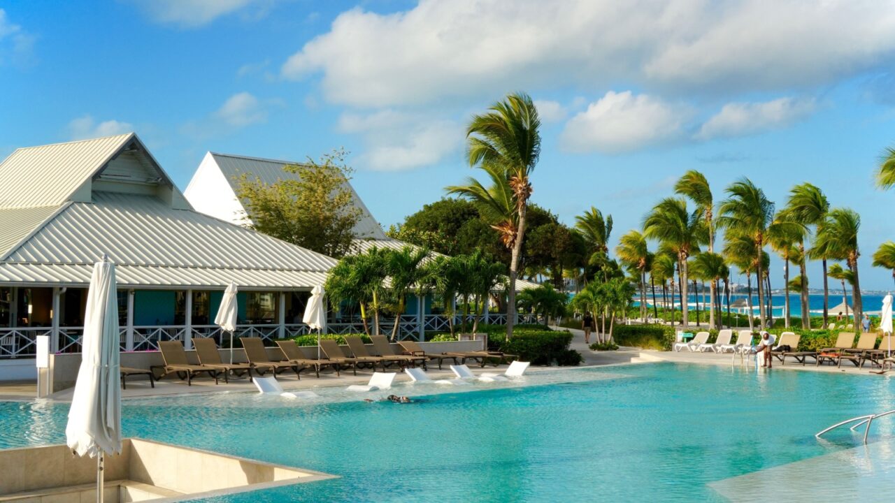Grace Bay, Turks and Caicos Islands - Feb. 12, 2024: World famous Grace Bay is home to beachfront resorts with cabanas, pools, buildings and other facilities that complement the area's natural beauty.