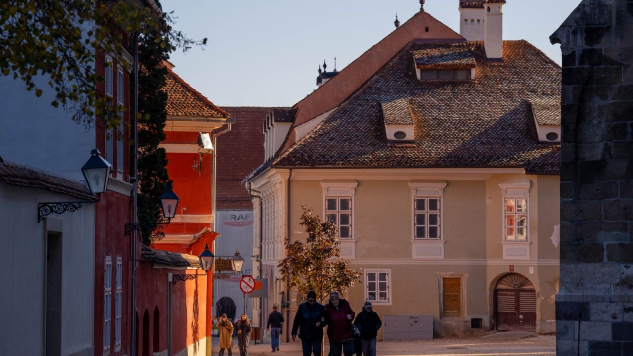 Brasov, Romania - October 19, 2024: Cobblestone Gathering Space in Transylvania