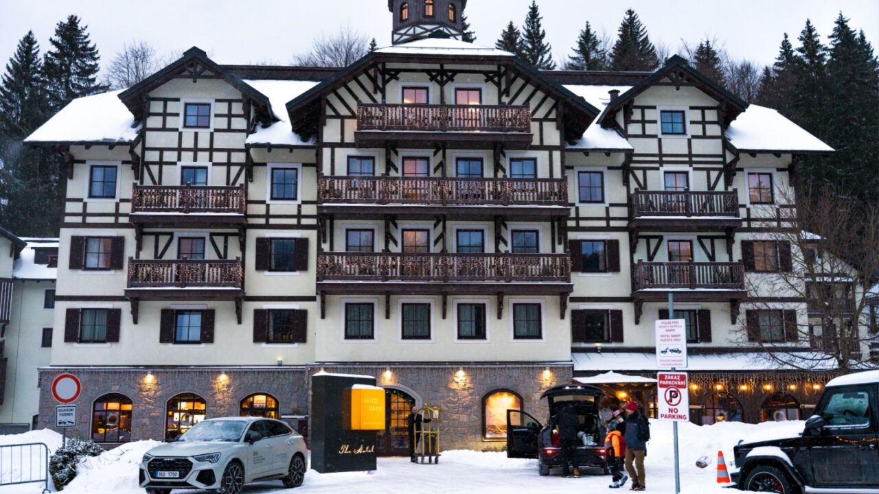 Spindleruv Mlyn, Czech Republic - January 3, 2025: Traditional alpine luxury hotel during winter