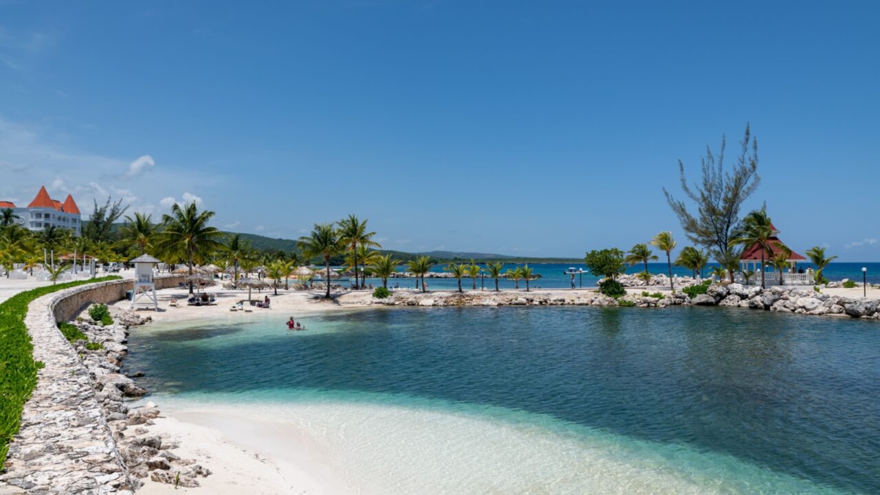 Runaway Bay, Jamaica, 08.15.2022: view of a resort on the tropical beach.