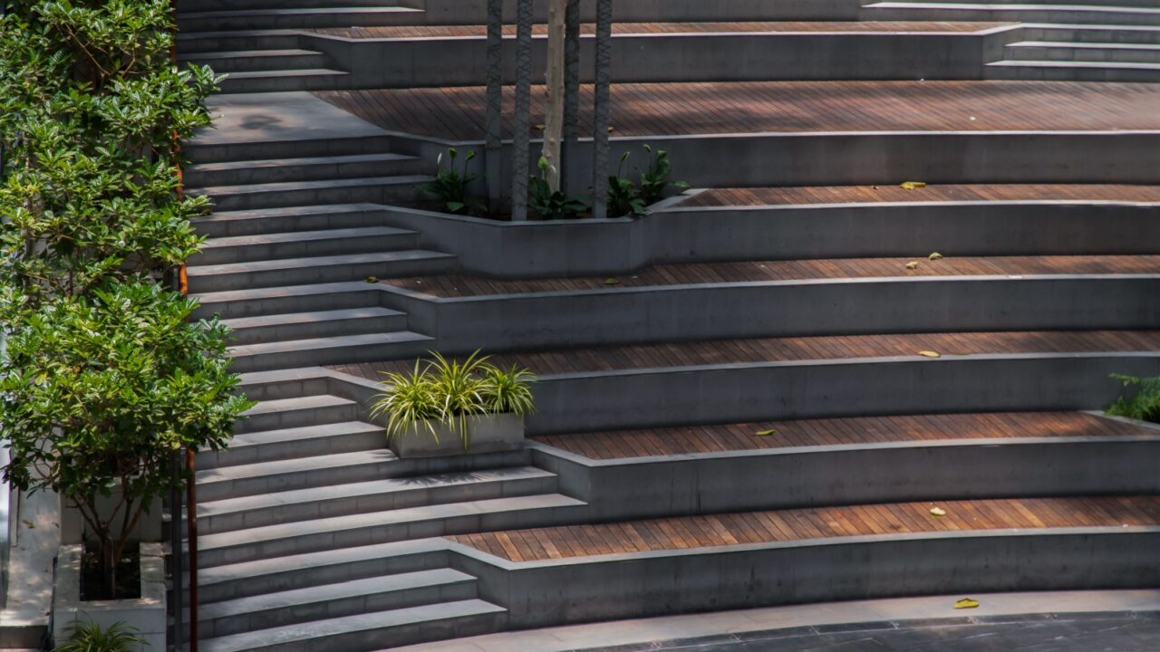 Concrete staircase and floor with sunlight and shadow in step path way park, Architecture and exteriors, Copy space, No focus, specifically.