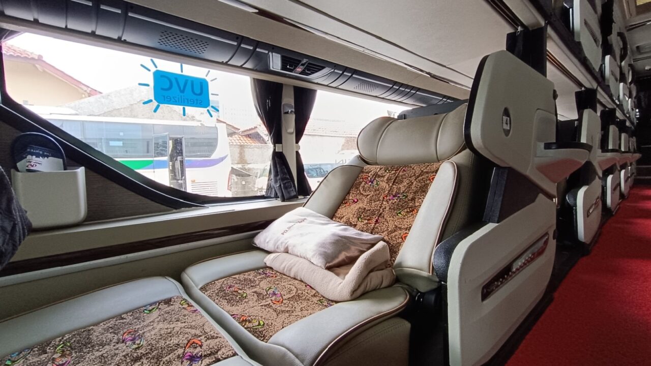 Bandung, Indonesia, 8 September 2024 : close-up photo of reclining seats in a sleeper bus for inter-city transportation.
