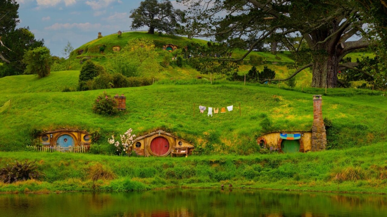 MATAMATA- NEW ZEALAND -NOVEMBER -2- 2022: Hobbiton - movie set created for filming the Lord of the Rings and "Hobbit" movies - Matamata, New Zealand,spring scene