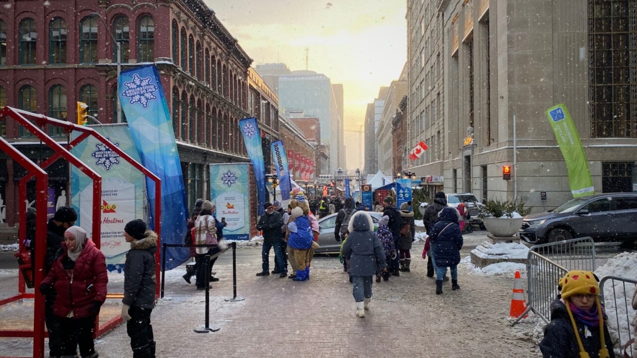 Ottawa Ontario Canada February 9 2025. Winterlude festival crowd on Rue Sparks street in the downtown area of the Capital City of the Nation.