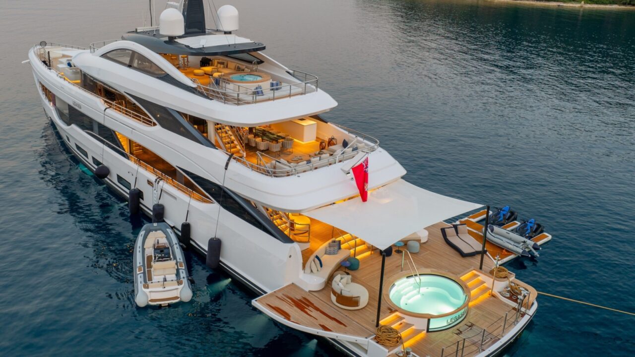 Corfu, Greece - July 13, 2024:Aerial drone view of legasea luxury private yacht in corfu island,Greece